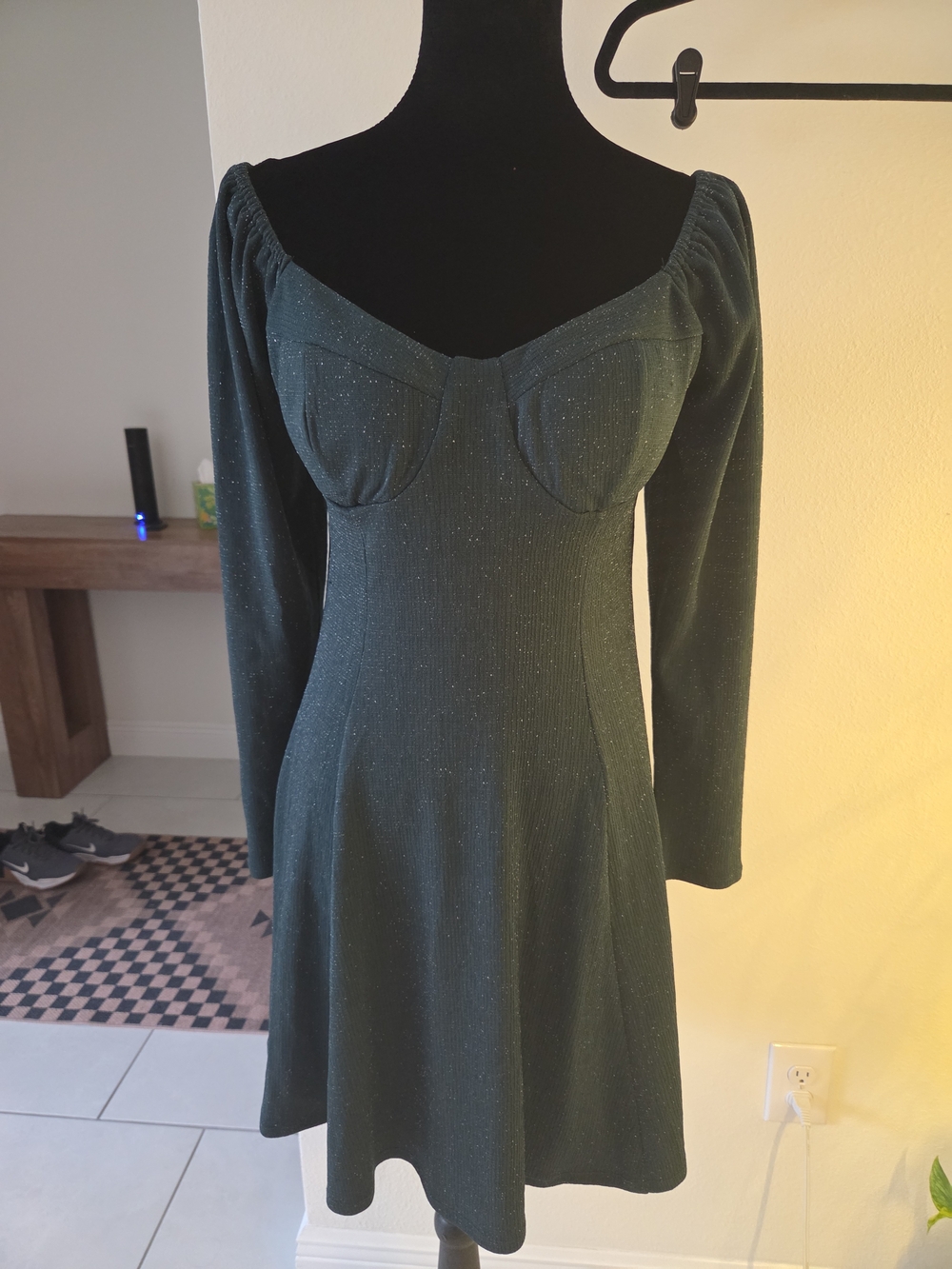 Lily Rose Off-Shoulder Dark Green Long Sleeve Fit & Flare Dress - Picture 2 of 6